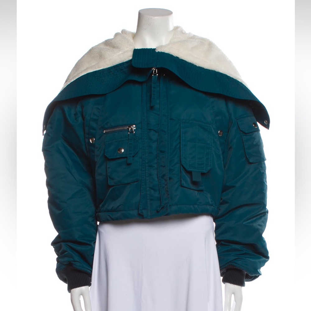 Helmut lang teal Bomber Jacket with Faux Fur Collar